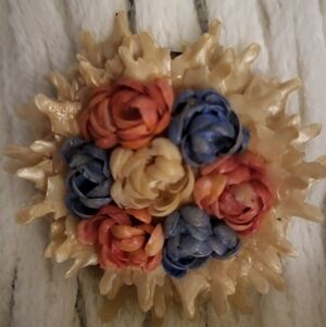 Floral Brooch with Blue and Cream Pin
